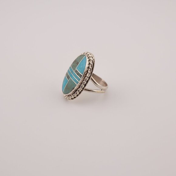 Navajo Sonoran and AZ Blue Turquoise Inlay Ring‎ Signed Handmade NA Sz 8.25US** - Picture 4 of 14